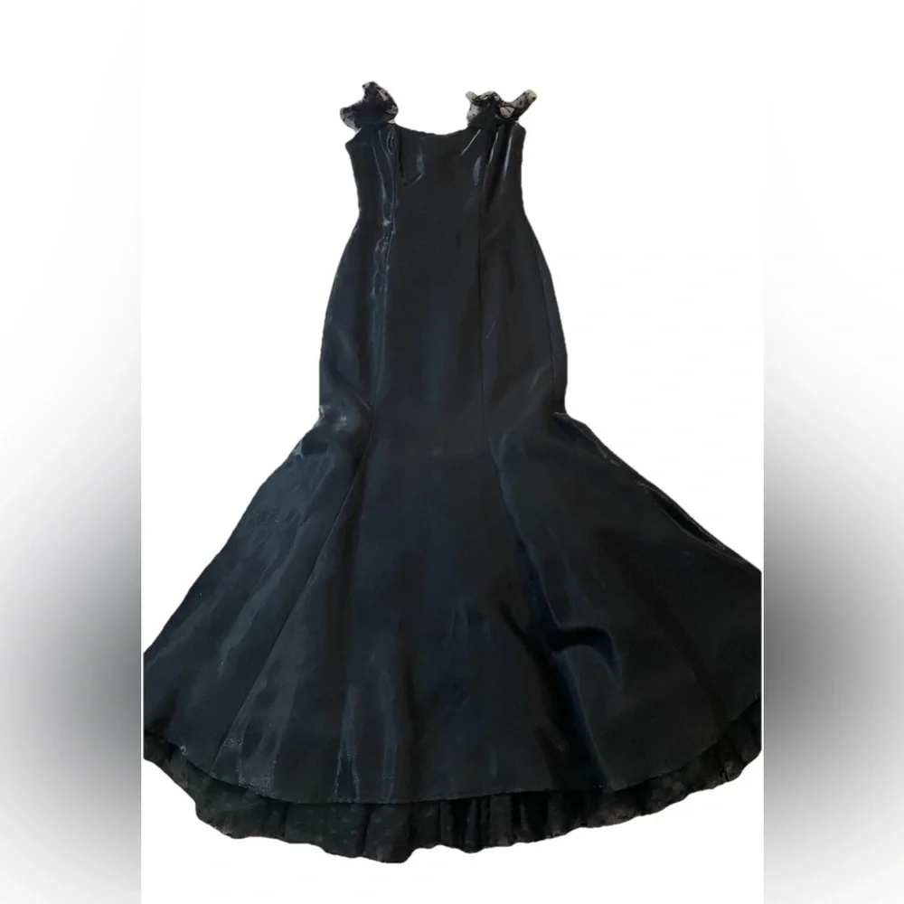 VTG Jessica McClintock Gunne Sax Black Satin Evening Gown Dotted Tulle Ruffle 5 - Picture 2 of 13